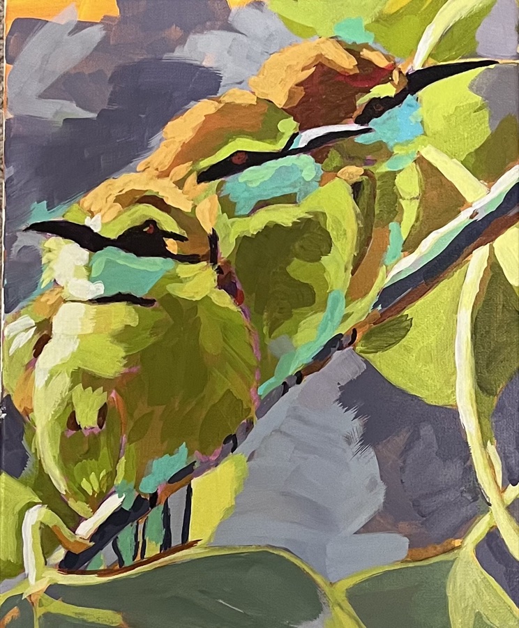 Two green and gold bee-eater birds perched close together among gray-violet brushstrokes.