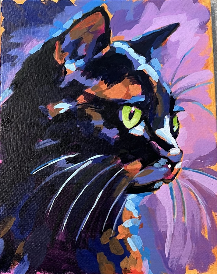 A black cat with striking yellow-green eyes against a vibrant abstract background of blues, purples, pinks and oranges.