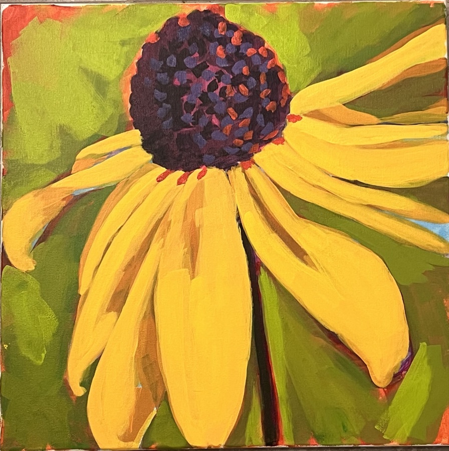A single large black-eyed Susan flower with golden petals and a dark dotted center on layered greens.