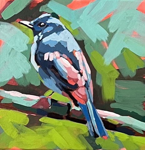 A slate blue bird with pink flanks perched among mint green and coral brushstrokes.