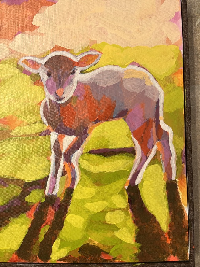 A lamb standing in a sunlit meadow, outlined in pale lavender, casting long shadows on chartreuse grass under a pink sky.