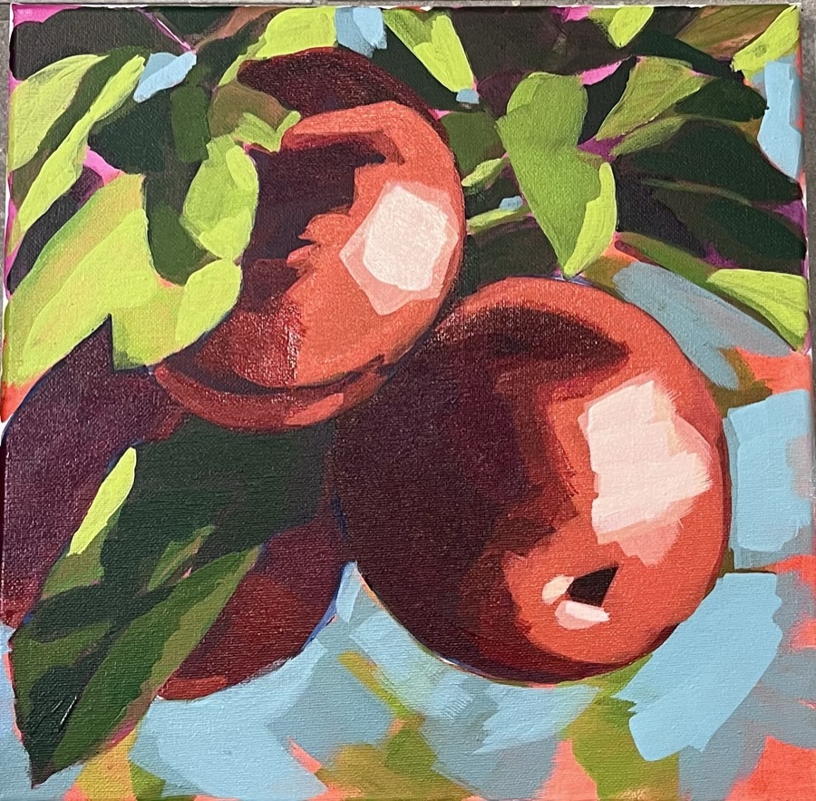 An abstract composition with bold coral and orange forms against bright greens, teals, and magentas.