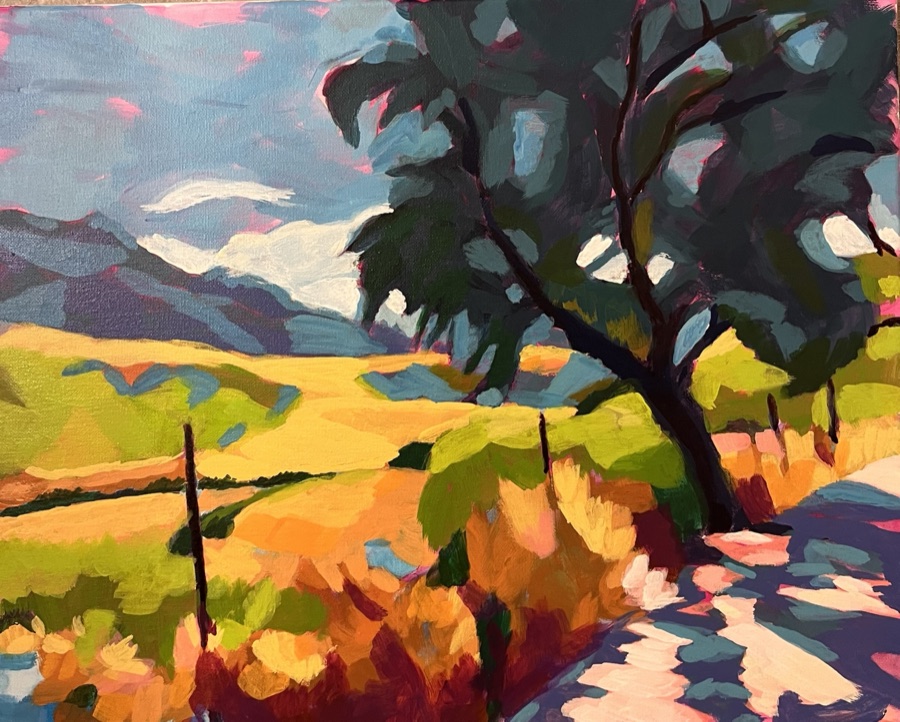 A sunlit landscape of golden fields, a dark leaning tree, fence posts, and violet mountains.