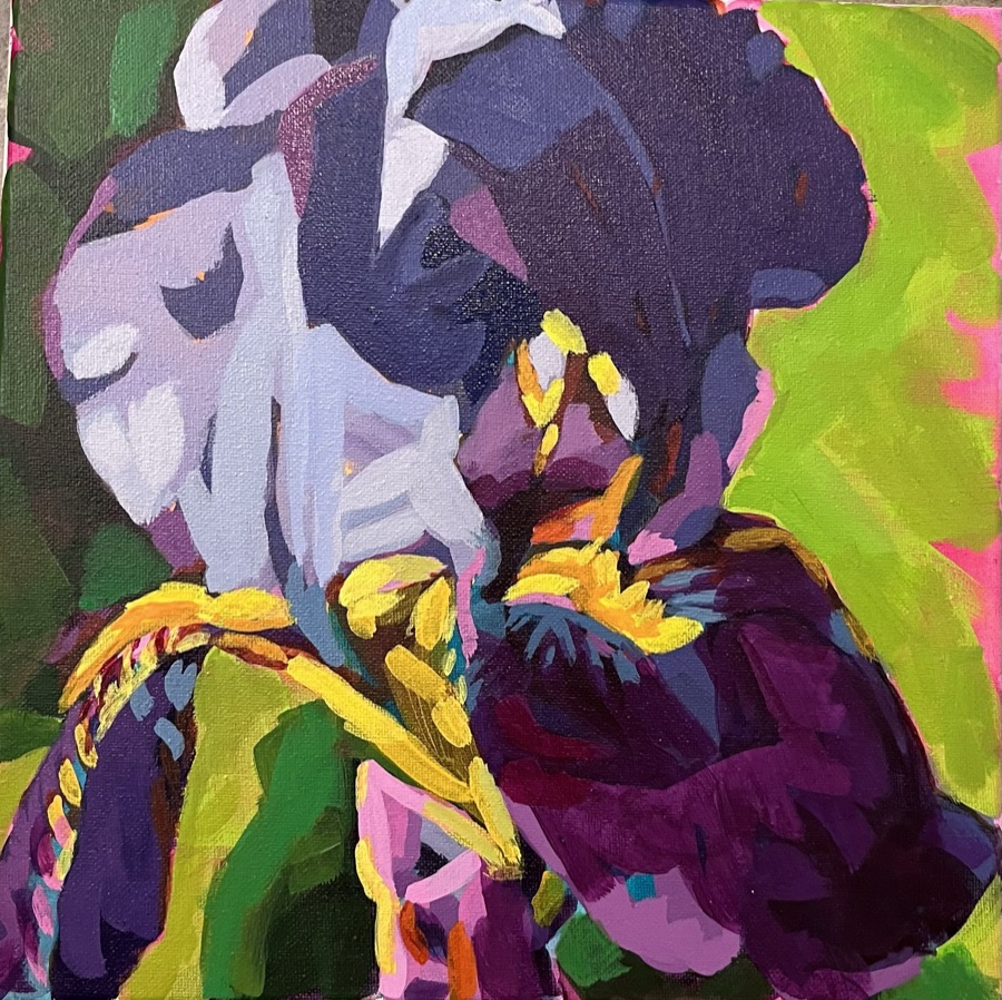 An abstract composition balancing blues and yellows with organic brushstrokes and shapes.