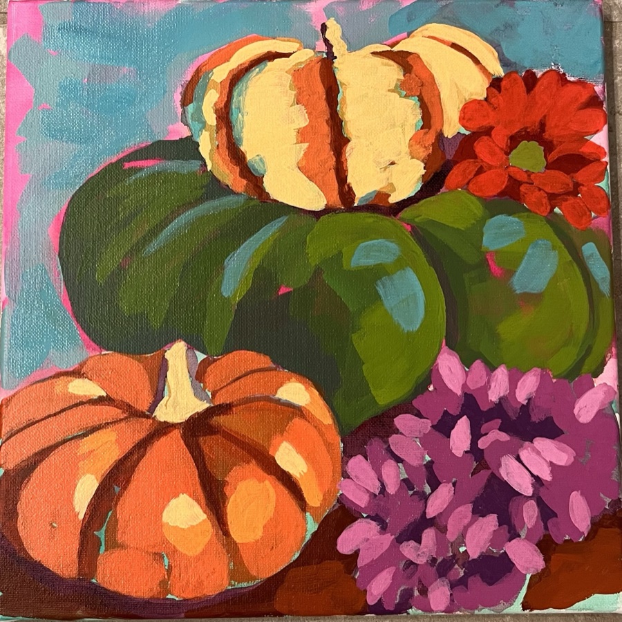 A stacked still life of striped and green pumpkins with red and purple flowers on turquoise.