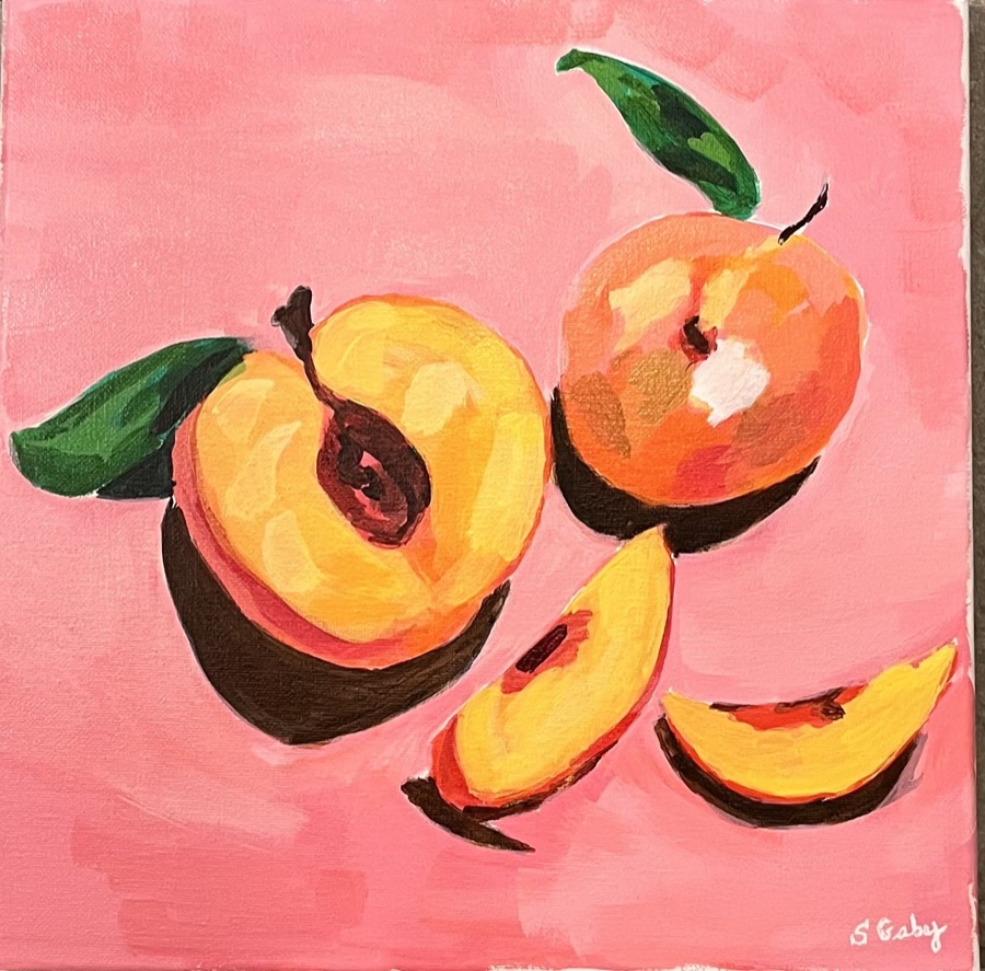 Halved and sliced peaches with green leaves painted on a warm rose pink background, signed S Gaby.