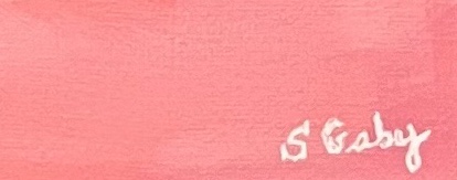 The artist's painted signature, S Gaby, in white script on rose pink.