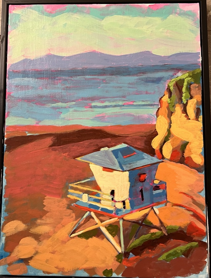 A lifeguard tower numbered one on a rust-colored beach with golden cliffs and a teal sea.