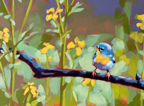 A small blue and yellow warbler perched on a dark branch among yellow wildflowers.