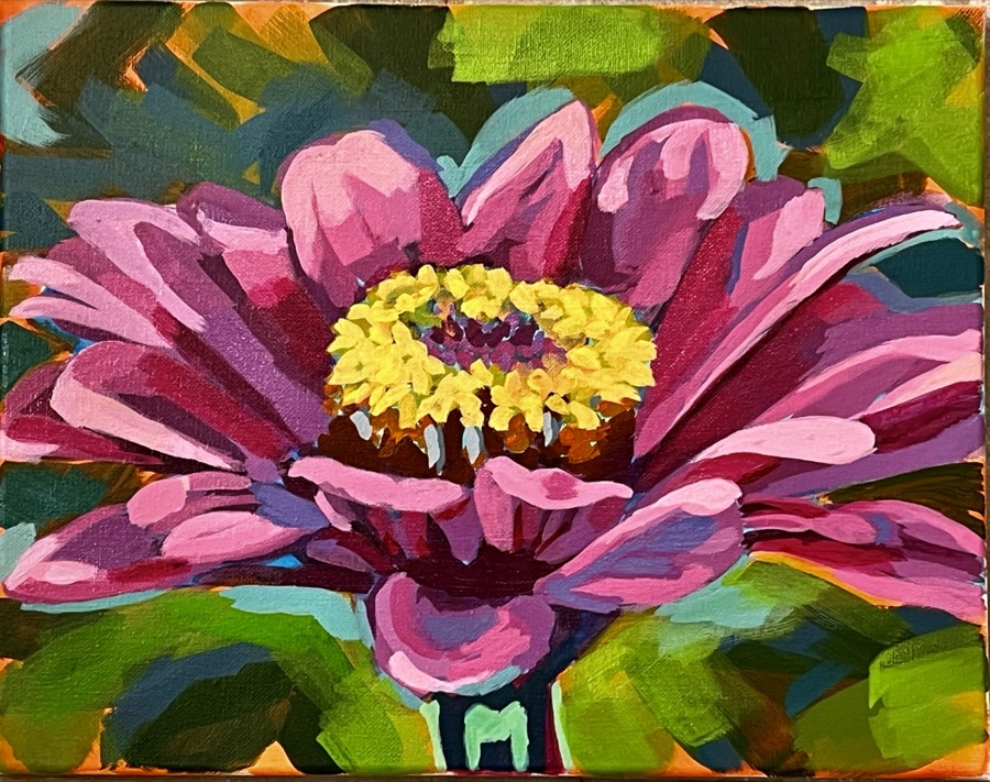 A wide-open pink zinnia with a yellow center painted in bold strokes on dark green.